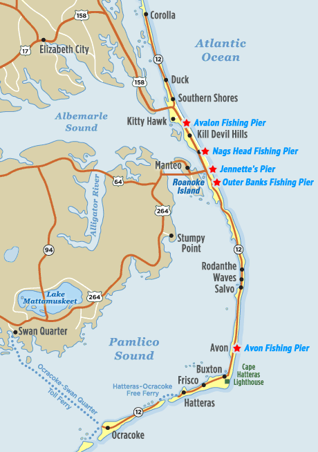 Map of Outer Banks Fishing Piers, Visit Outer Banks